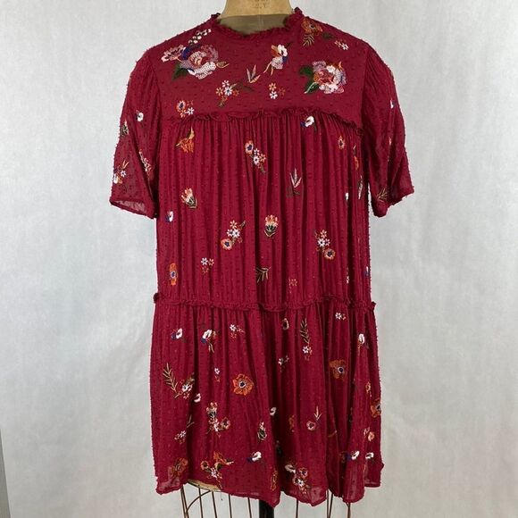 Zara Woman Floral Sequin Dress Embroidered Swiss Dot Burgandy Red Small - Picture 1 of 13